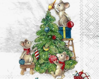 Christmas Mice Decoupage Napkins Three Mice Decorating Christmas Tree, Includes Three Individual Premium Quality Luncheon Size Paper Napkins