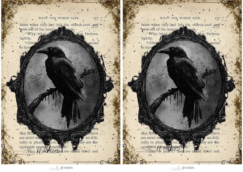 Black Crow Decoupage Rice Paper ~ Antique Book Page, Choice of 2 Sizes, Steampunk Style, Halloween Rice Paper for Decoupage A5