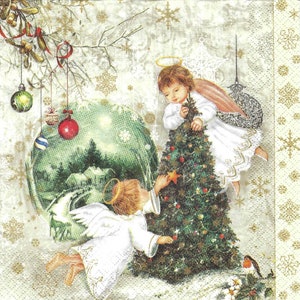 Decoupage Napkins Angels and Christmas Tree  Includes Three Luncheon Size Premium Quality Paper Napkins, Angels Decorating Christmas Tree