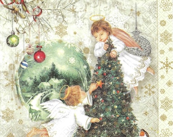 Decoupage Napkins Angels and Christmas Tree  Includes Three Luncheon Size Premium Quality Paper Napkins, Angels Decorating Christmas Tree