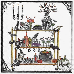 Decoupage Halloween Napkins Feature Halloween Bar Cart Includes Three Individual Cocktail Size for Scrapbooking Junk Journals, Cards Etc