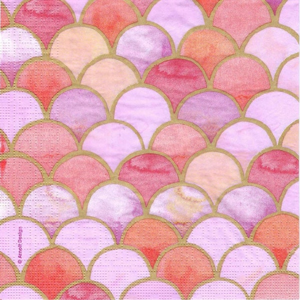 Decoupage Paper Napkins in Pink and Gold Scallop Capiz Shell Pattern, Three Full Size 13 x 13 Unfolded, Pattern Covers Entire Napkin