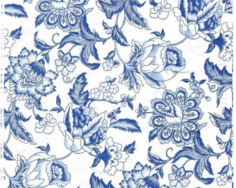 Decoupage Napkins in Blue and White Jacobean Allover Floral Print, Includes Three Dinner Size Napkins for Decoupage Scrapbooking Home Dec