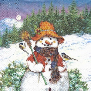 Decoupage Napkins Christmas Snowman with Little Birds in Forest, Three Premium Quality Cocktail Size Paper Napkins