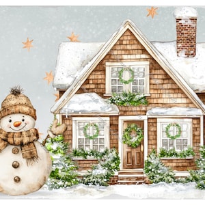 Country House and Snowman at Twilight Rice Paper for Decoupage Crafts, Choose One A4 Size or Two A5 Sheets or One A4 Sheet with Four Images