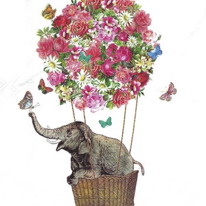 Elephant in Hot Air Balloon Decoupage Napkins Made of Flowers with Butterflies Includes Three Individual Premium Quality Cocktail Napkins