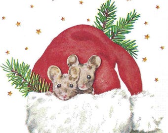 Decoupage Napkins Mice in Santa's Hat , Three Individual Premium Quality Three Ply Cocktail Size Paper Napkins, Christmas Mice in Hat