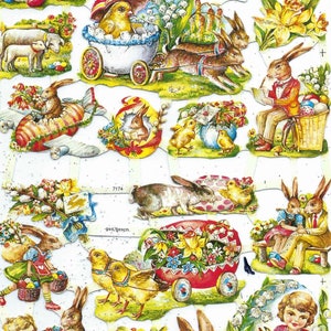 Easter Rabbits and Chicks Theme Die Cut Sheet Embossed with Mica Vintage Style Imported from Germany Pre Cut For Scrapbooks, Card Making Etc