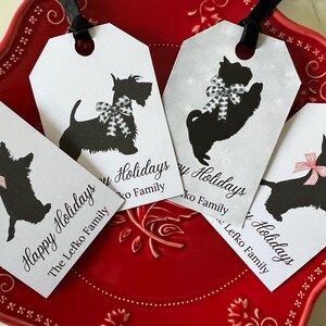 Scottie Dog Personalized Gift Tags Happy Holidays, Scottish Terrier Silhouette, Set of 16 Choice of Ribbon, Scottie Lover Gift Tags