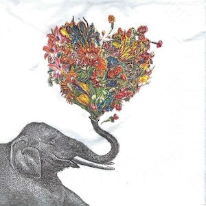 Decoupage Napkins Elephant with Heart Balloon Made of Flowers with Butterflies Includes Three Individual Premium Quality 5&quot; Cocktail Size
