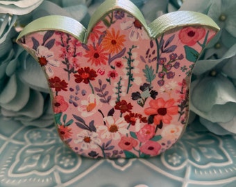 Pretty Pink Green Floral Wooden Stand Up Tulip Hand Painted & Decoupaged Tiered Tray Counter Top Display, Lightly Distressed Vintage Feel