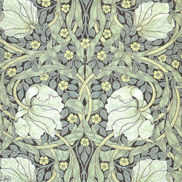Decoupage Napkins in Soft Muted Green Cream and Black Jacobean Floral Print, Includes Three Cocktail Size Premium Quality Paper Napkins