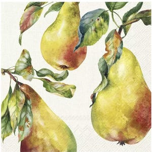 May include: Watercolor illustration of pears with green leaves. The pears are yellow with red blush, and the leaves are green and brown. The image has a soft, artistic feel, perfect for kitchen decor or a botanical theme.