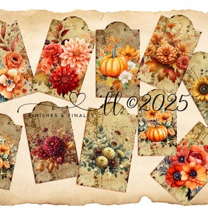 Fall Floral Tags Digital Download Halloween Thanksgiving Mums Asters Pumpkins Aged Paper Nine Designs Country Farmhouse Autumn Gift Tags
