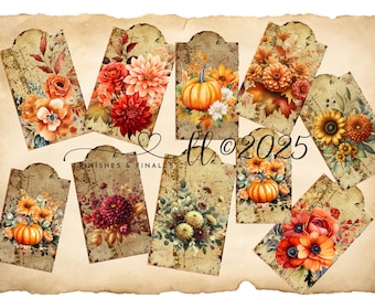Etykiety z jesiennymi kwiatami do pobrania w wersji cyfrowej, Halloween, Święto Dziękczynienia, Chryzantemy, Astry, Dynie, Stary papier, Dziewięć wzorów, Wiejski dom, Jesienne etykiety prezentowe