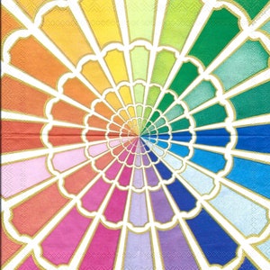 May include: A colorful circular design with a repeating pattern of overlapping, scalloped shapes. The colors range from yellow to green, blue, purple, pink, and red, creating a rainbow effect.