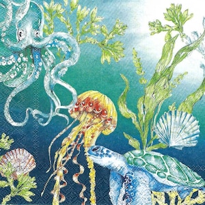 May include: A decorative napkin featuring an underwater scene with an octopus, jellyfish, sea turtle, and seashells. The octopus is light blue, the jellyfish is yellow and red, and the sea turtle is blue and green. Green seaweed and a blue-green background complete the design.