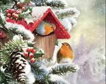 Decoupage Napkins Christmas Birds Robins with Birdhouse Set of Three Individual Luncheon Size Premium Quality Paper Napkins
