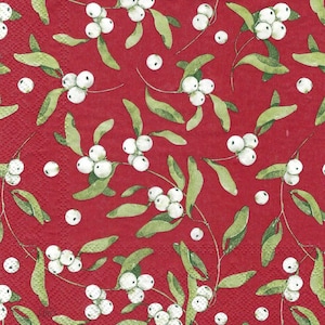 Decoupage Napkins Christmas  in Red and Green Holly Mistletoe Berry Prints, Three Luncheon Size Napkins Scrapbooking, Decoupage, Journaling