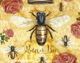 Queen Bee with Crown and Roses Decoupage Rice Paper A4 Size Gorgeous Artwork Mulberry Paper Mixed Media Junk Journals, Tags Ornaments Cards
