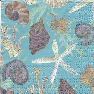 Decoupage Napkins Shells and Starfish on Blue, Package of Three Cocktail Size, For Decoupage Scrapbooking Journaling Card Making Paper Arts