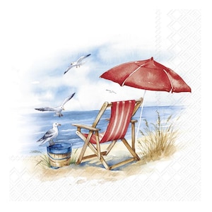 Beach Day Decoupage Napkins Beach Chair and Umbrella on the Beach, Includes Three Individual Luncheon Size Napkins Seagulls Beach Scene