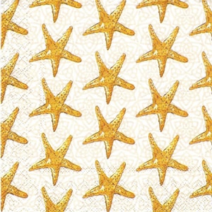 Decopauge Napkins Gold Orange Star Fish All Over Print on White, Three Cocktail Size Decoupage Scrapbooking Junk Journals Card Making