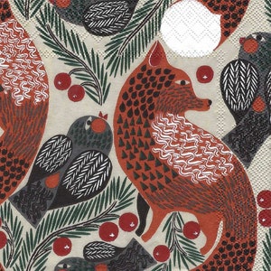 Decoupage Napkins Fox and Birds  Abstract in Browns Rust and Black, Includes Three Individual Premium Quality Cocktail Size Paper Napkins