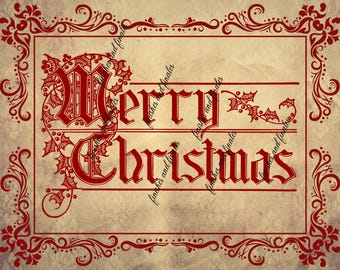 Antique Merry Christmas Rice Paper Decoupage Christmas Red on Old Paper Background, Great for Signs Cards Pictures Choose from Two Sizes
