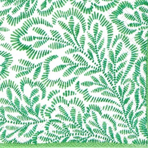 Decoupage Napkins Green Leaf Print Allover Leaves Block Print White Background, Three Individual Premium Quality Cocktail Size Napkins