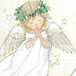 Decoupage Napkins Praying Angel in White and Ivory with Green Halo Includes Three Individual Premium Quality Luncheon Size Paper Napkins