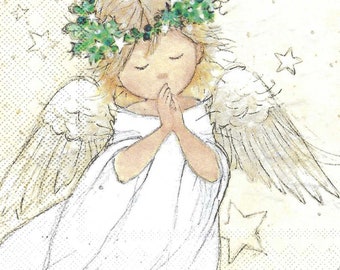 Praying Angel Decoupage Napkins in White and Ivory with Green Halo Includes Three Individual Premium Quality Luncheon Size Paper Napkins