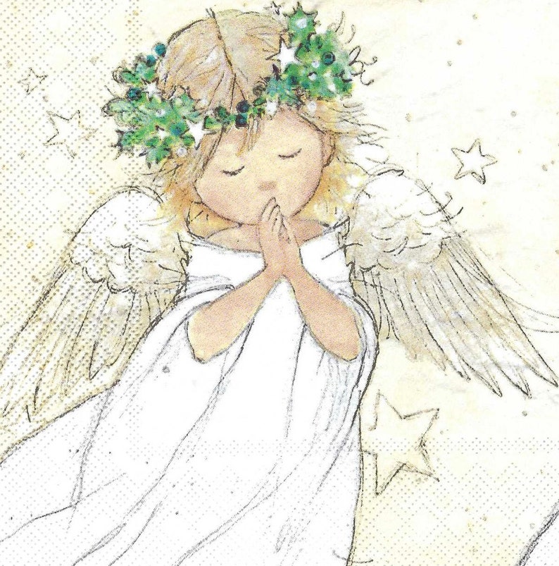 May include: A watercolor painting of an angel with white wings and a white dress. The angel has a green wreath on its head and is praying with its hands clasped together. The background is a light beige with white stars.