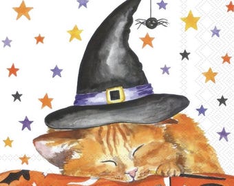 Halloween Cat in a Witch Hat Decoupage Napkins Tiger Cat in Black and Orange Hat, Includes Three Premium Quality Cocktail Size Paper Napkins