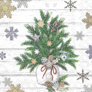 Decoupage Napkins Christmas  Christmas Tree Greens in Crock with Snowflakes Three Cocktail Size Great for Scrapbooking, Junk Journaling