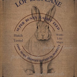 Sacco di mangime per coniglietti, download digitale formattato in formato A4, design di grande formato, sfondo in tela di iuta invecchiata, stile vintage, stampabile