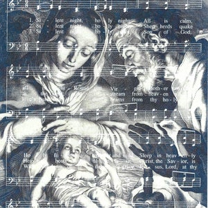 Decoupage Rice Paper Silent Night Sheet Music Holy Family Blue and Cream Birth of Christ Rice Paper A4 Size Made in Italy image 1