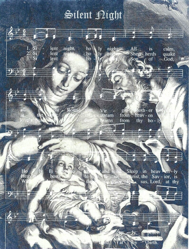Decoupage Rice Paper Silent Night Sheet Music Holy Family Blue and Cream Birth of Christ Rice Paper A4 Size Made in Italy image 1