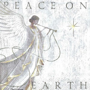Puede incluir: Ilustraci&oacute;n de un &aacute;ngel tocando la trompeta, con las palabras "PEACE ON EARTH" arriba y abajo. El &aacute;ngel viste una t&uacute;nica blanca con detalles dorados y tiene grandes alas blancas. Una estrella brillante brilla a la derecha.