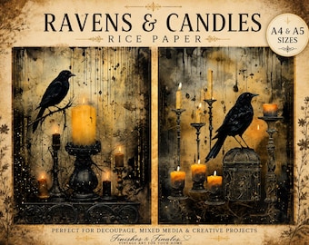May include: Two rectangular sheets of rice paper featuring the text RAVENS & CANDLES and A4 & A5 SIZES. The designs depict black ravens perched near lit candles in dark holders against a distressed, aged, sepia-toned background with drips.