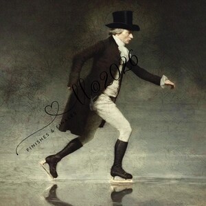 May include: An antique-style print depicts a man ice skating in period clothing. He wears a black top hat, dark coat, white shirt, and breeches. The image has a vintage aesthetic with the text "No2026" and "Finishes & Finals" overlaid.