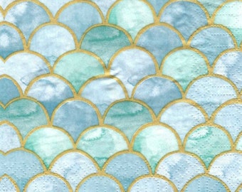 Decoupage Napkins Turquoise Art Deco with Gold Capiz Shell Scallop Pattern Includes Three Cocktail Size Napkins for Scrapbooking Journaling