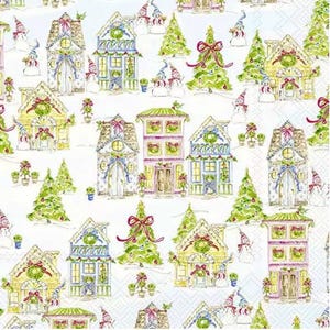 Christmas Village Decoupage Napkins Trees with Bows in Pink Green Blue and Red, Includes Three Individual Luncheon Size Paper Napkins