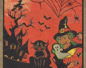 Halloween Witch Decoupage Napkins with Haunted House Two Different Images on Each Napkin, Three Individual Luncheon Size Paper Napkins
