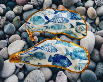 Oyster Shell Ring Dish XXL Beautiful Blue Fish Print on White Background & Hand Painted Gold Gilded Trim Oyster Shell Trinket Dish 6" Size