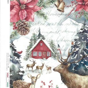 Deer in the Forest Decoupage Rice Paper A4 Size Christmas Theme Farmhouse Red House in Snow with Poinsettias Printed in Italy