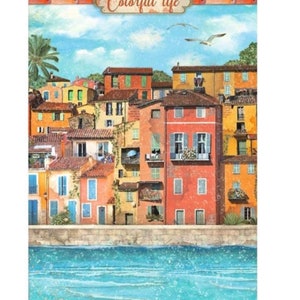 Stamperia Rice Paper Blue Dream Colorful Life for Decoupage Card Making Journals A4 Size Imported, Beautiful Colorful Seaside Village