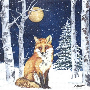 Decoupage Napkins Fox at Night  with Birch Trees and Full Moon Includes Three Individual Premium Quality Cocktail Size Paper Napkins