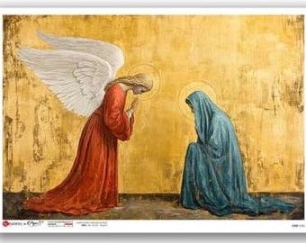 May include: A painting of two figures, one with wings and a red robe, the other in a blue robe, kneeling and looking down. The background is a gold color.