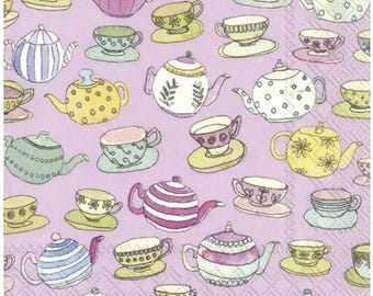 Decoupage Napkins Teacups and Tea Pots on Pink Background Three Luncheon Size Napkins Premium Quality Paper Napkins for Arts Crafts